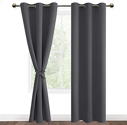 DWCN Vorhang Blickdicht mit Vorhang Raffhalter Verdunkelungsgardinen mit Ösen 2 Stücke Thermogardine, Blackout Curtain Verdunkelung Thermovorhang, Dunkelgrau, 228x117cm(HxB)