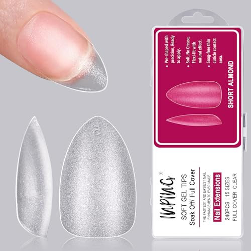 INPING Soft Gel Full Cover Nail Tips, 240PCS No File Full Matte Acrylic False Reusable Nail Tips Extensions for Home DIY Manicure Nail Salons, 15 SIZE SHORT ALMOND