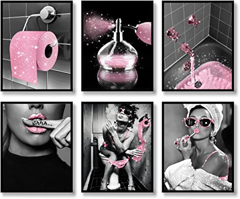 Fashion Wall Art Badezimmer Wanddekoration - Set mit 6 Schwarzen und Weißen Glam Glitter Leinwand Poster Fotos - Moderne Frauen Lustige Kunst für Badezimmer (Rosa)