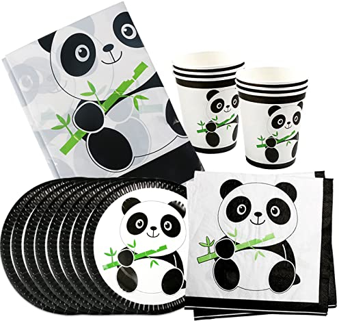 Panda Partygeschirr, 41Pcs Panda Geburtstag Deko Party Set, Kindergeburtstag Partyzubehör,Panda Teller, Tassen, Servietten, Tischdecke, für Jungen und Mädchen Geburtstagsfeier, Babyparty, Panda Party