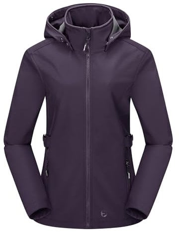 Outdoor Ventures Damen Softshelljacke Kurze Gefütterte Funktionsjacke Wasserdichte Übergangsjacke mit Abnehmbarer Kapuze Regenjacke Outdoor Regenmantel Softshellmantel für Wandern Laufen Lila XL