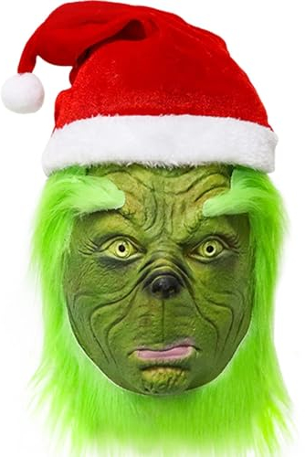 Claofoc Grinch Maske Weihnachts Hut Kostüm Maske Weihnachten Grünes Gesicht Monster Gruselige Latex Maske für Erwachsene Frauen und Männer Cosplay Kostüm Requisiten (C)