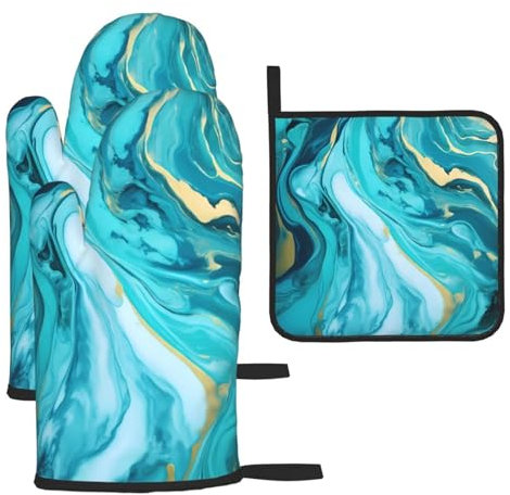Abstract Teal And Blue Marble Print Printed Oven Mitts And Pot Holders Sets Oven Mitts Heat Resistant Oven Gloves For Cooking Baking Kitchen BBQ