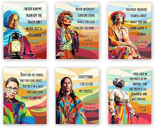 Kraftvoller Frauen-Kunstdruck, feministischer Kunstdruck, einflussreiche Geschichte, Frauen-Poster, Wandkunst, Lehrer-Unterricht, Kunstposter, motivierende Zitate, Klassenzimmer-Dekor, 6 Stück, ohne