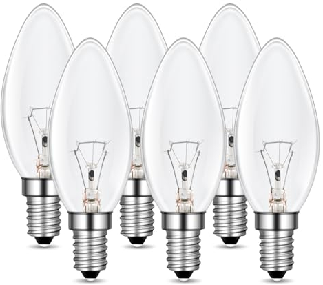 E14 Kerze Lampe Dimmbar, C35 Klar Glas Birne, 2700K Warmweiß, 400 Lumen, Kerzeform, AC 230V, E14 Kerzenlampen, für Kristall Licht, Kronleuchter, Wandlampe, Leuchter, Schreibtischlampe, 6 Stück