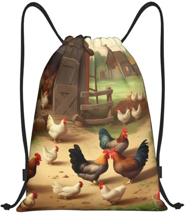 shrukkQQ Zaino con coulisse, borsa da palestra, borsa pieghevole con cordoncino, borsa per arrosto, pollo, gallina, fattoria, borse con coulisse per viaggi, Nero , M