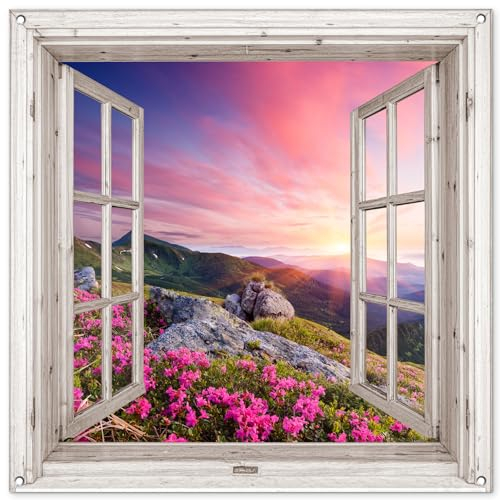 MuchoWow© Gartenposter Groß 100x100 cm XXL Outdoor Bilder Gartendeko für draußen Wetterfest Garten Deko Banner Draußen Bild Garden Decoration Berg - Landschaft - Fensterblick - Blumen - Abend - Rosa