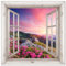 MuchoWow© Gartenposter Groß 100x100 cm XXL Outdoor Bilder Gartendeko für draußen Wetterfest Garten Deko Banner Draußen Bild Garden Decoration Berg - Landschaft - Fensterblick - Blumen - Abend - Rosa