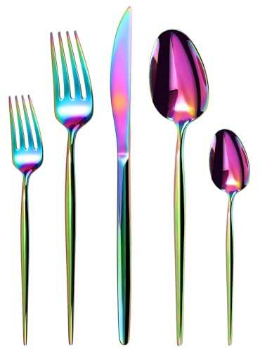 Regenbogen Besteck Set für 12 Personen,Targzier Bunte 60 Stück Edelstahl Besteck,Messer,Gabel,Löffel,Bunt Bestecksets,Spiegelpoliert Essbesteck,Spülmaschinenfest