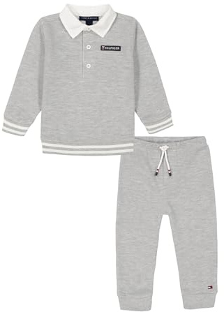 Tommy Hilfiger 2pc Knit Jog Set di Pantaloni, Heather Mist/Vanilla Ice, 9 Mesi Bambini e Ragazzi
