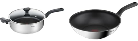 Tefal 26cm Comfort Max Stainless Steel Non-Stick Saute Pan and Lid, Silver & 28cm Comfort Max Stainless Steel Non-Stick Wok, Silver