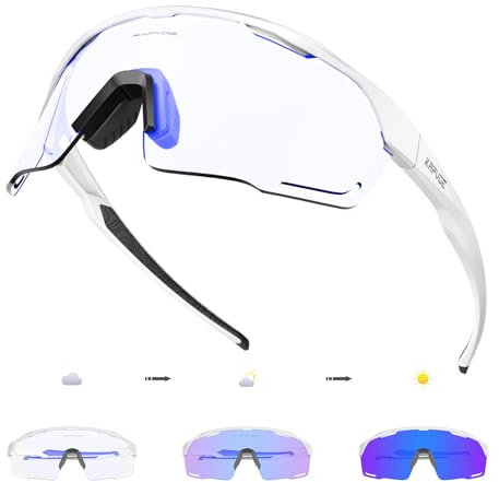 KAPVOE Fahrradbrille Selbsttönend Radbrille Photochromatische Sonnenbrille Sportbrille MTB Brille Herren Damen Klar MTB Rennrad Radsport Sportbrille Blau Weiß 06
