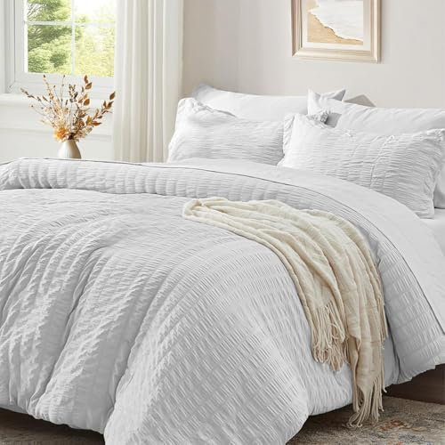 Luofanfei Seersucker Bettwäsche 200x200 Sommer Weiß Gestreift Uni Wende Bettwäsche Set Doppelbett Microfaser Atmungsaktiv Leicht Bettbezug 200 200 cm und Kissenbezüge 80x80 cm mit Reissverschluss
