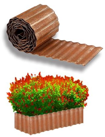 Garden Edging Border,6 Inch x 40 FT Metal Garden Edging,Galvanised Lawn Edging Corrugated Flexible Long Strips Garden Borders for Raised Flower Bed Tree Surrounds and Lawns - Brown