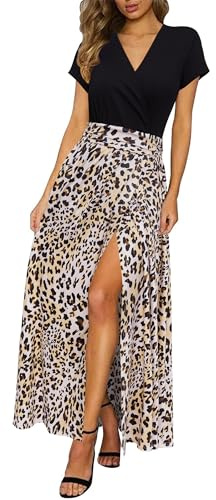 Newshows Sommerkleid Damen lang Maxikleid Sommer Kurzarm V Ausschnitt Strand Kleider Black Leopard Print,XXL
