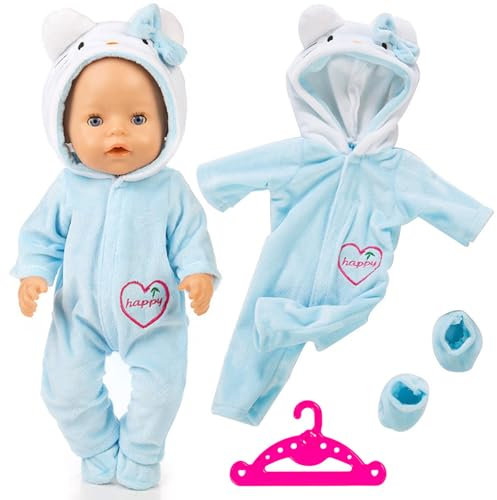 Puppenkleidung für Baby Puppen, Kleidung kompatibel mit 35-43 cm New Born Baby Puppen, Enthält Overall, Mütze, Socken und Kleiderbügel, Niedliche blau Katze aus Baumwolle für Jungen und Mädchen