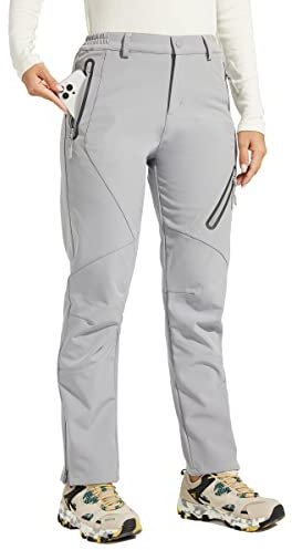 WILLIT Damen Schneehose Thermohose Gefüttert Wanderhose Wasserdicht Softshellhose Fleece Skihose Warm Trekkinghose Winter Outdoorthose Isoliert Kaltes Wetter Hellgrau XS