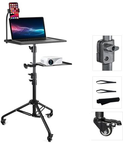 Treesunshine Soporte para proyector con ruedas, soporte de suelo para tablet con una banda elástica y un soporte de suelo, altura ajustable de 60 cm a 120 cm, versátil trípode para proyector