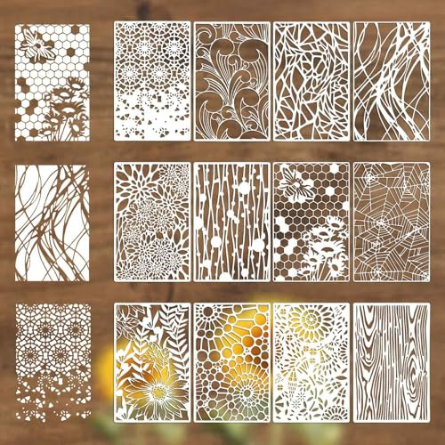12Pcs Reusable Stencils for Painting, Texture Art Stencils for Crafts Net Wood Grain Stencil Templates Spray Paint Layering Stencil for Painting on Wooden, Wall, Canvas, DIY Home Decor