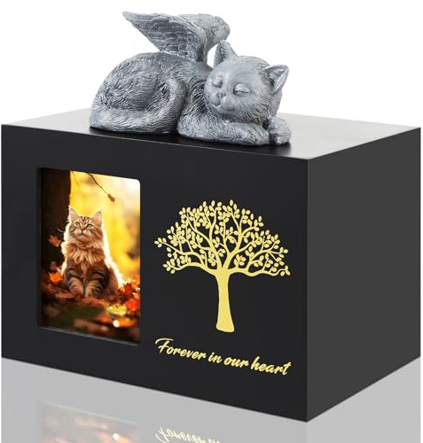 ZESTEFY Tierurnen für Hunde und Katzen aus Holz mit Bilderrahmen & Katzenengel-Statue – Urne zur Aufbewahrung von Haustierasche, Gedenkgeschenk mit personalisierter Gravur