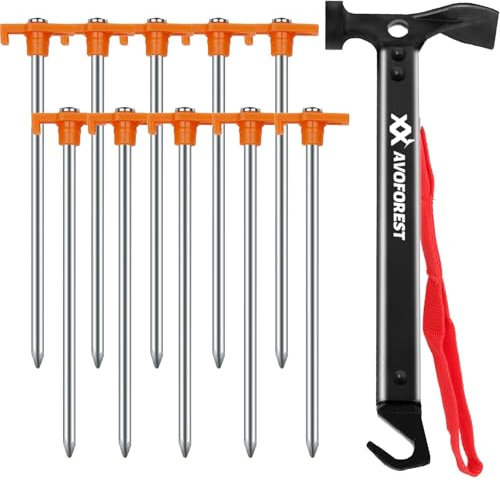 AVOFOREST Martillo de Camping con 10 Piezas de Piquetas para Tienda,Martillo de Camping al Aire Libre,Martillo Multifunción para Piquetas de Tienda con Bolsa (T)