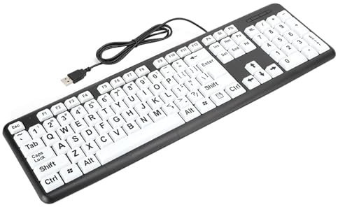 Akozon Schwarze Tastatur für Sehbehinderte, USB-Kabel, Tastatur für ältere Menschen mit Weißen, Großgedruckten Tasten. Schwarzes Professionelles Zubehör für den Einsatz (Black)