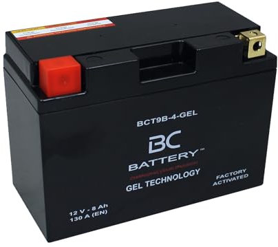 BC BATTERY Batterie de démarrage pour moto avec GEL 12V 8Ah BCT9B-4-GEL Moto&Scooter, sans entretien, scellée, préchargée, similaire à YT9B-BS