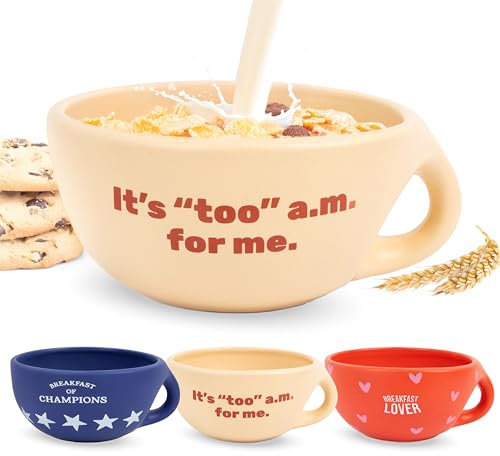 fisura – Bol petit-déjeuner original It's Too A.M.. Tasse à café beige 490 ml. Grand bol céramique pour café, muesli ou chocolat chaud. 16,5 cm x 7,5 cm