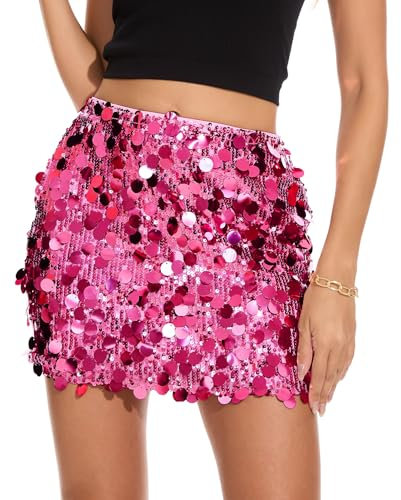 Jupe à paillettes pour femme - Sexy - Mini jupe à paillettes - Taille élastique - Jupe à paillettes - Pour la nuit, le carnaval, le Nouvel An, E-rose rouge, M