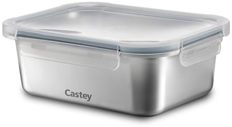 Castey - Envase Rectangular de Acero Inoxidable, Apto Microondas, 1200 ml, Cierre Hermético Tapa, Conservación de Alimentos, Tapa Libre de BPA, Diseño Antiderrames, Apto Lavavajillas