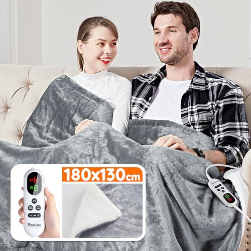 Mia&Coco Heizdecke mit Abschaltautomatik 180x130 cm, 10 Heizstufen, 9 Std. Auto-Off Timer, Überhitzungsschutz, maschinenwaschbar, elektrische Wärmedecke aus Flanell für Bett, Sofa & Wohnzimmer, Grau