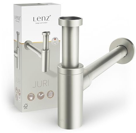 Lenz Design-Siphon Juri für alle gängigen Waschbecken – Typ 1 1/4 – Rohre extralang und anpassbar – Reinigungsöffnung & Geruchsverschluss – Anti-Fingerabdruck Oberfläche – Edelstahl-Optik – 46090011