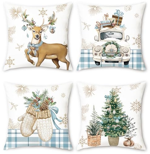 Bonhause 4er Set Kissenbezug Weihnachten 45 x 45 cm Winter Rentier Weihnachtsbäume Handschuhe LKW Blau Samt Soft Dekorative Kissenhülle für Sofa Schlafzimmer Weihnachten Dekoration