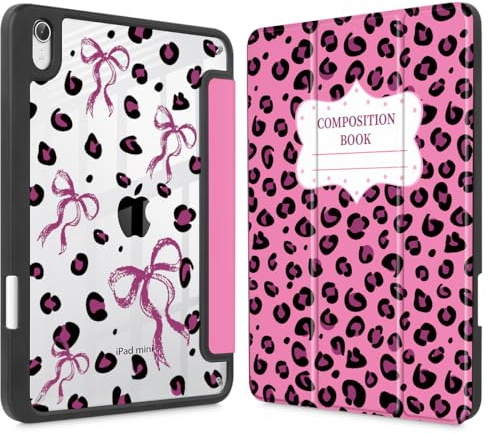 Mektron Printed Case for iPad mini 7 (A17 Pro) 2024/ Mini 6 2021, iPad mini 7th/6th Generation Case, Buit in Pencil Holder with Clear Back Shell + Trifold Stand, Composition Book-Bows