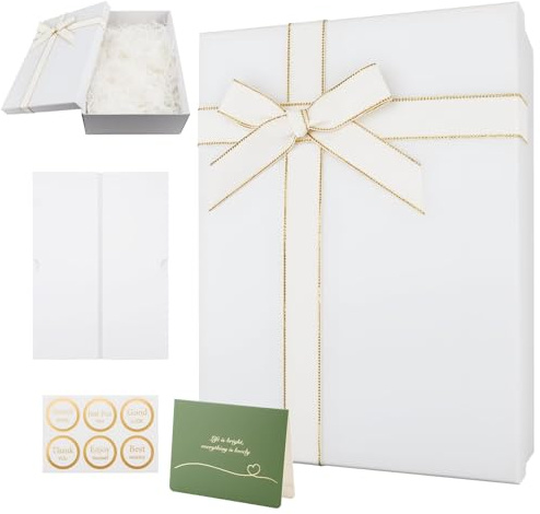 Mbsomnus Geschenkbox mit Deckel 29 x 22 x 10,5 cm Geschenkebox Geschenkkarton Weiß Geschenkbox Geburtstag Geschenkkiste mit Schleife Grußkarte Bast für Geburtstage Hochzeiten Valentinstag