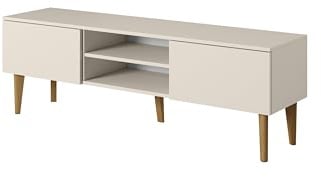 PAWS MEBLE Bergen RTV 150 2D Beige – Skandinavisches TV-Lowboard 150 cm – Push-to-Open – Holzfüße – 2 Klapptüren + Mittelregal