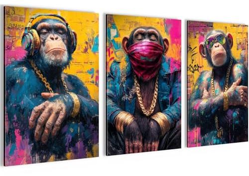 Novart Bilder Set 3 Affen - KEIN EXTRA RAHMEN BENÖTIGT - Wandbilder für Wohnzimmer Schlafzimmer Büro - 3 Bilder 40x60 cm Deko Street Art - N040536a
