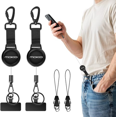 MoKo Laccio per cellulare antifurto retrattile, set da 2, nero | Cordino per cellulare con cavo in acciaio fino a 70 cm, moschettone bloccabile e linguetta metallica girevole 360°.