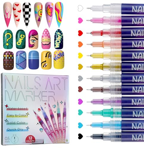Nail Art Pens 12 Colors Quick Dry Nail Pen DIY Nail Art Markers Quick Dry Graffiti for Gel Nails Nails Art Drawing Tool 3D Nail Polish Pens for Painting Nail Art at Home TA639-12