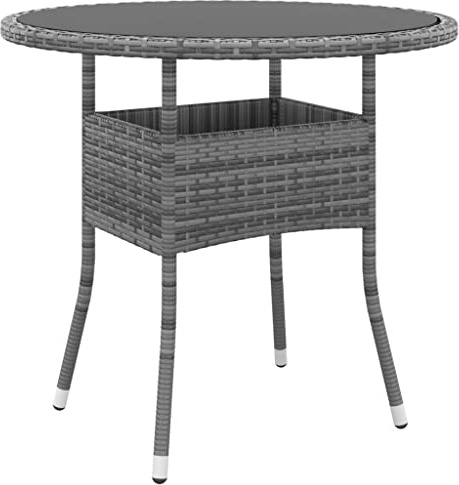 Mhdvray Table de jardin ronde en rotin synthétique - 80 x 75 cm - Avec plateau en verre trempé de 5 mm - Cadre en acier revêtu par pulvérisation - Gris - Résistant aux intempéries et légère - Pour