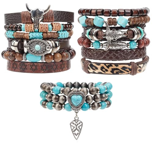 WADORN 15 Styles Bracelets Occidentaux Turquoise, Bracelet à Perles et Bois Fait Main Superposables Set de Bracelets Charme Cowboy Occidental pour Femmes Hommes Port Quotidien Rodeo Country