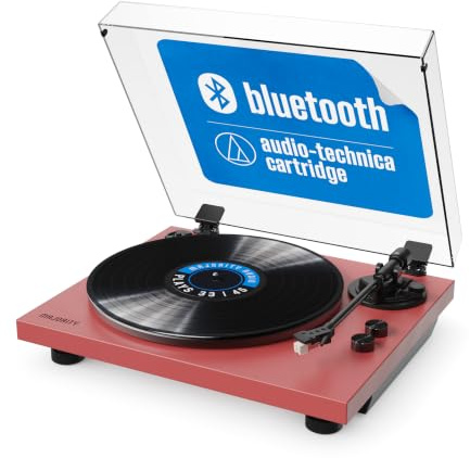 MAJORITY Stylo Bluetooth Turntable Record Player & Record Deck | AT3600L Cartridge, Anti-Skate & Pitch Control | Phono/Line Out | Aluminium Platter, 7-12 Records | 33/45 RPM (Red)