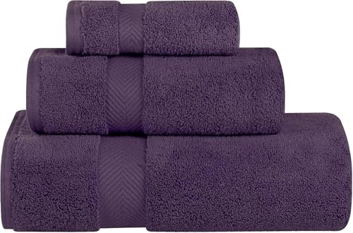 SUPERIOR Zero Twist 100% Cotton Towel Set, 3-Piece Set, Extra Soft Bath Towel, Face Towel and Hand Towel, Long-Staple Cotton Towels, Grape Seed