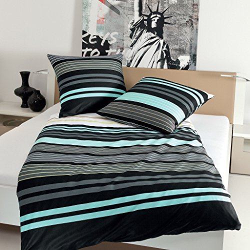 Janine Bettwäsche J.D. 8464 02 Aqua Graphit Streifen Mako Satin, Größe:200 cm x 220 cm