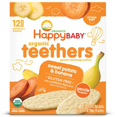 Happy Baby Gentle Teethers Organic Teething Wafers Banana Sweet Potato, Soothing Rice Cookies for Teething Babies Dissolves Easily Organic Gluten Free No Artificial Flavor,0.14 Ounce (Pack of 12)