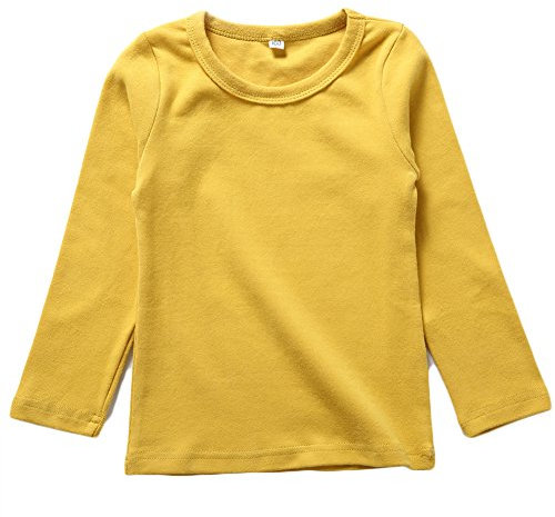 Kids Basic Round Neck Top Girl Boy Stretchy Long Sleeve T-Shirt School Tee Top Yellow 4 Years