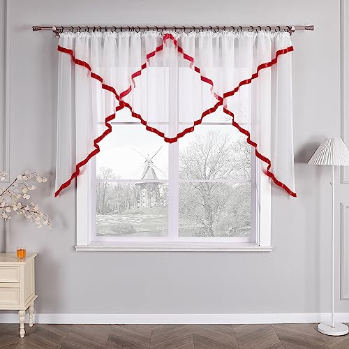 HongYa Kuvertstore transparenter Voile Gardine mit Satinbänder Kräuselband Vorhang H/B 120/300 cm Beere