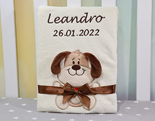 ★ Babydecke mit Namen und Datum Bestickt ★ Baby Geschenke ★ Geburt ★ (Beige - Hund)