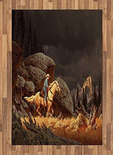 ABAKUHAUS Western Teppich, Cowboy-Reitpferd, Flachgewebe Deko-Teppiche für das Wohn-,Schlaf-, und Essenszimmer, 120 x 180 cm, Gelb Grau