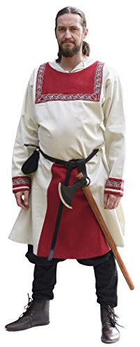 Battle-Merchant Wikinger Tunika mit Stickerei S-XXL - Herren Langarm Männer Mittelalter LARP Kostüm (L, Natur/Rot)